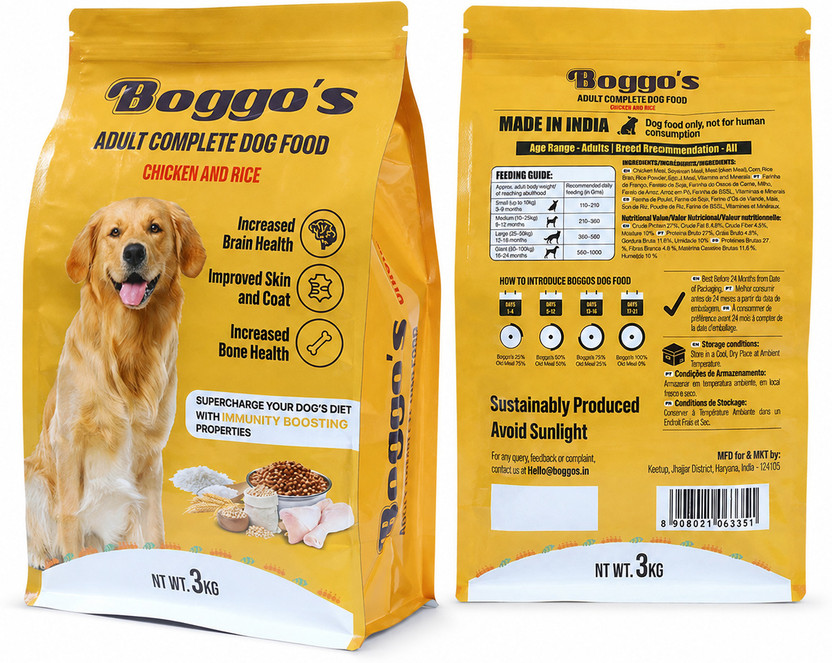 Boggos Superfood Dry Kibbles Ideal for Adult Dogs of All Breeds, Rice and Chicken 3 kg Dry All Life Stages Dog Food