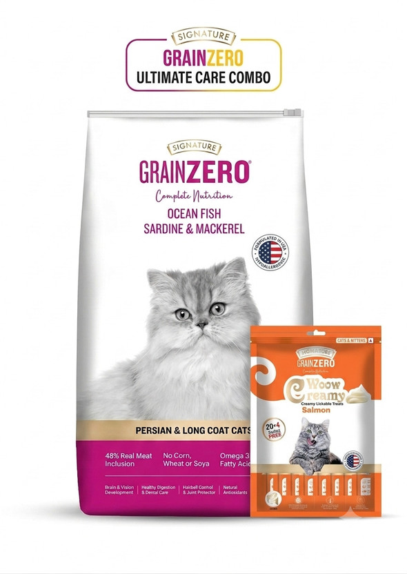 Signature Grain Zero Persian Long coat 3kg + Creamy Salmon Cat Treat Mackerel, Fish 3 kg Dry Adult, Senior Cat Food