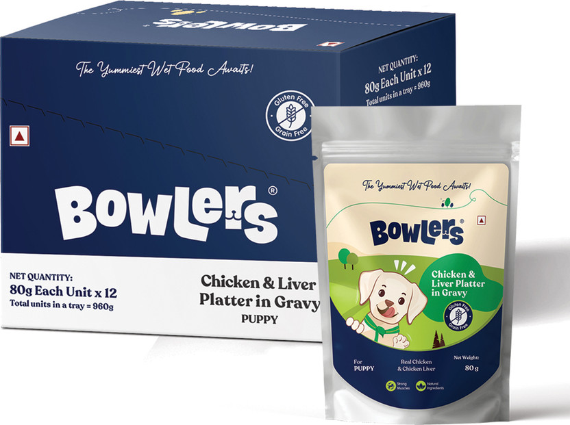 Bowlers wet dog food chicken & liver in gravy (puppy) pack of 12 | Gluten free Chicken 0.96 kg (12x0.08 kg) Wet New Born Dog Food