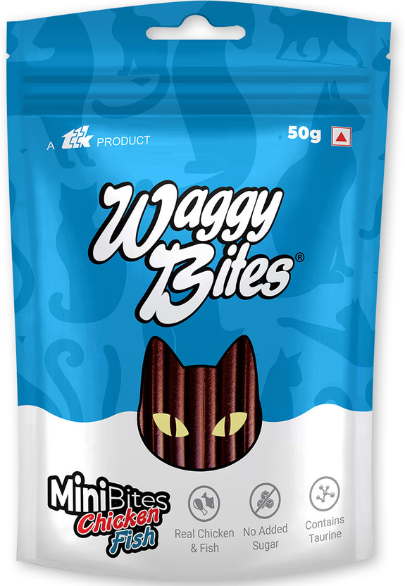 Waggy Bites Minibites Dry Chicken and Fish Bites for Cat, No Added Sugar, Contains Taurine Chicken, Fish Cat Treat(50 g)