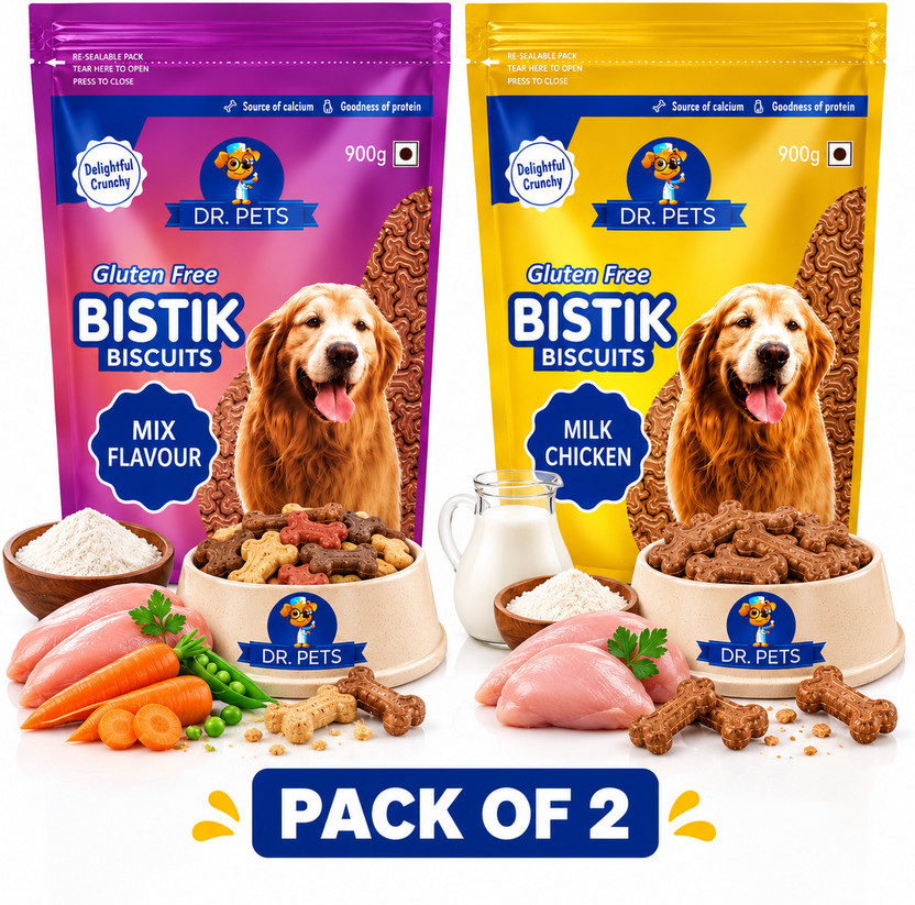 Dr.pets Dog Biscuits Combo Pack Oven Baked Dog Food Treats for Puppy & Dogs|Pk2|1.8kg Chicken, Vegetable 1.8 kg (2x0.9 kg) Dry Adult Dog Food