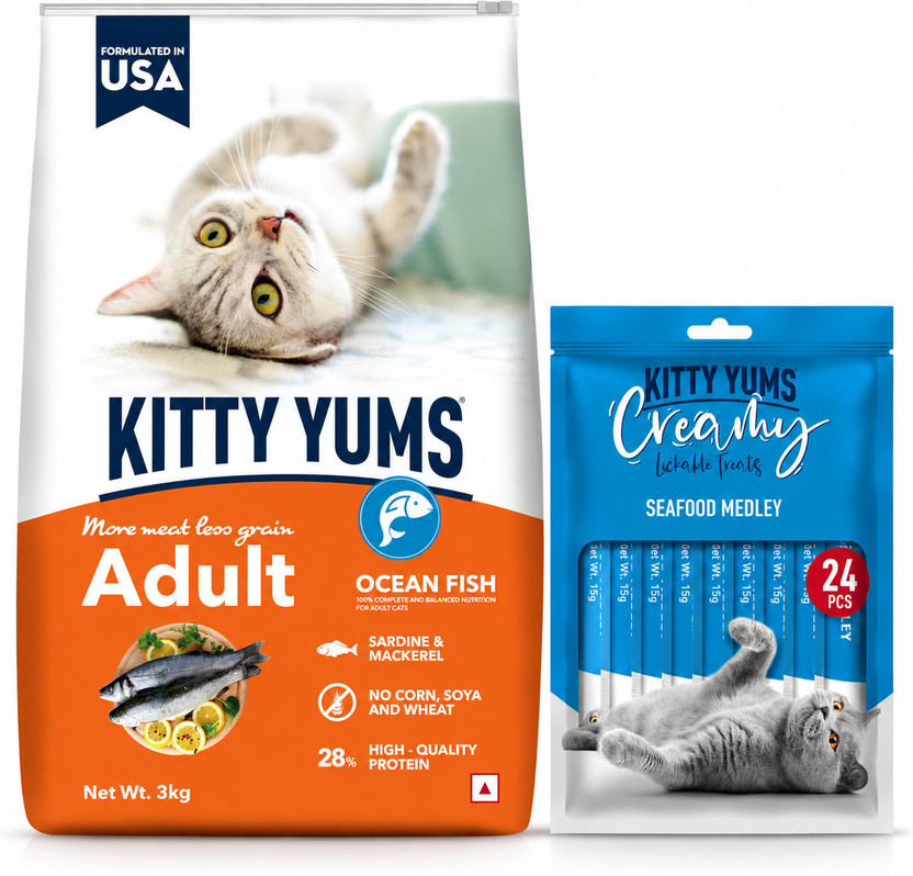 Kitty Yums Kitty Yums 3kg + Assorted Creamy Treats 24pcs Fish, Mackerel 3.3 kg (2x1.65 kg) Dry Adult, Senior Cat Food