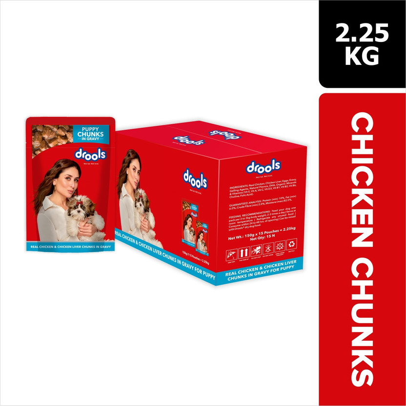 Drools Chunks in gravy for Puppy - Chicken Liver and Real Chicken 2.25 kg (15x0.15 kg) Wet Young Dog Food
