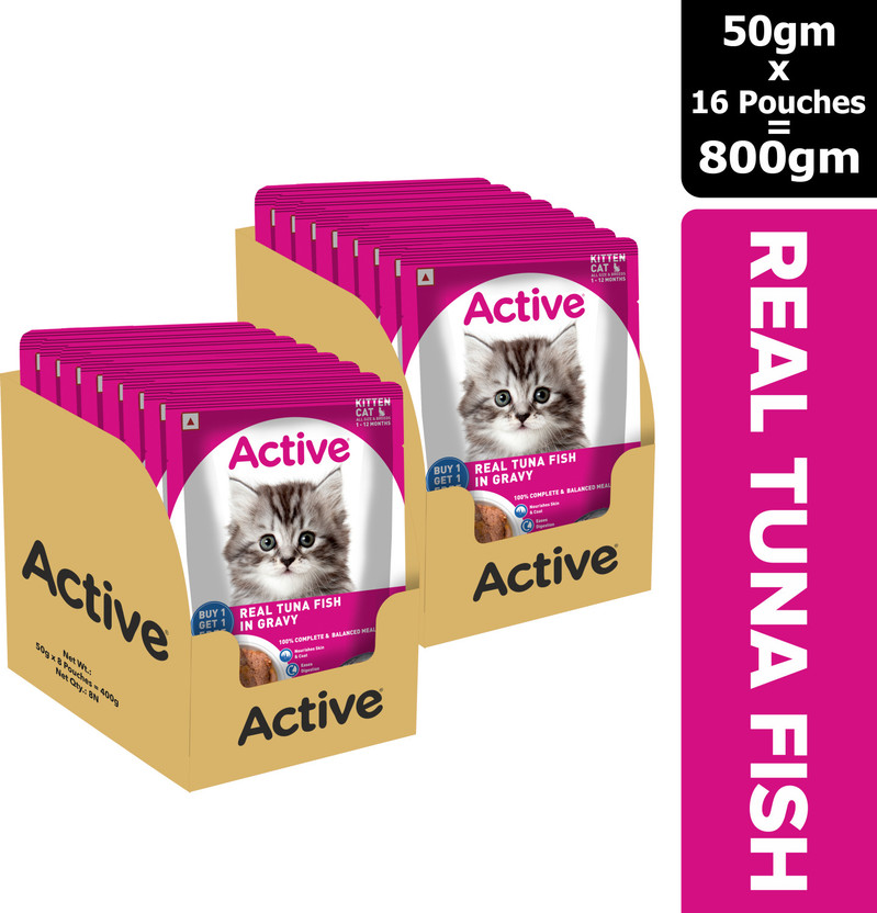Active Twin pack (50g x 16) 16 Pouches in Gravy, Real Tuna 0.8 kg (16x0.05 kg) Wet Young Cat Food