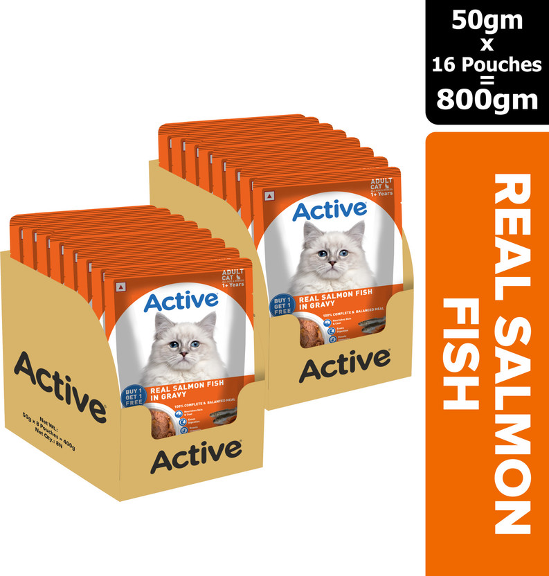 Active Twin pack (50g x 16)16 Pouches in Gravy,Real Salmon Salmon 0.8 kg (16x0.05 kg) Wet Adult Cat Food