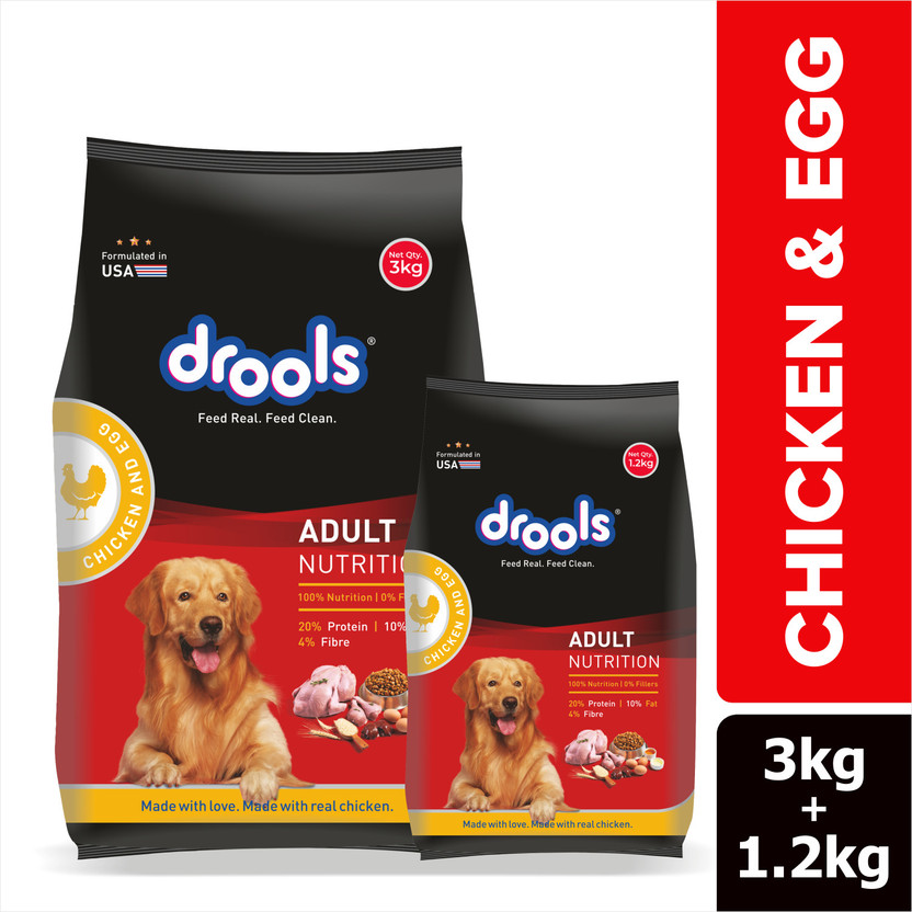 Drools 3+ 1.2 kg free Real Chicken and Egg 4.2 Kg (2x2.1 Kg) Dry Adult Dog Food