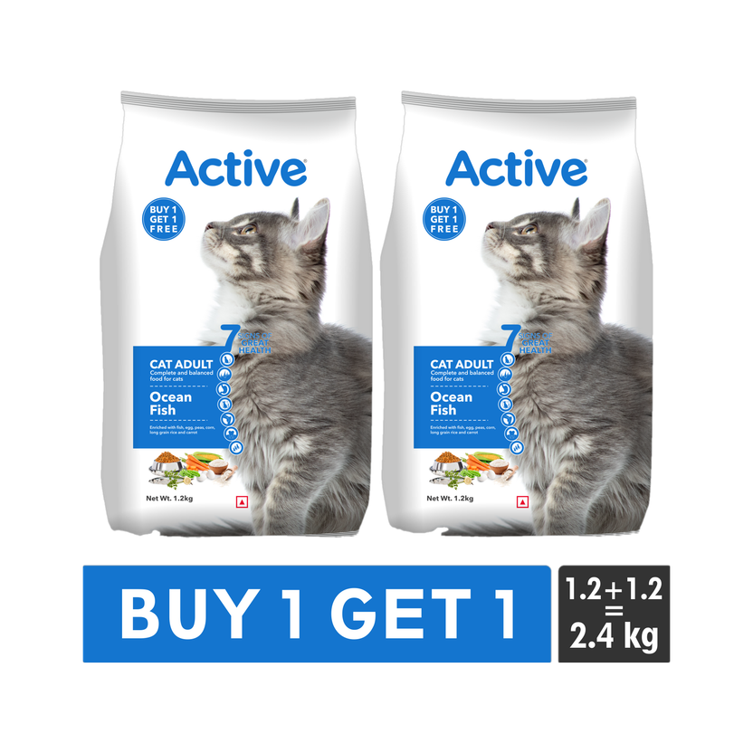 Active Buy 1 Get 1 ,Ocean Fish 2.4 kg (2x1.2 kg) Dry Adult Cat Food