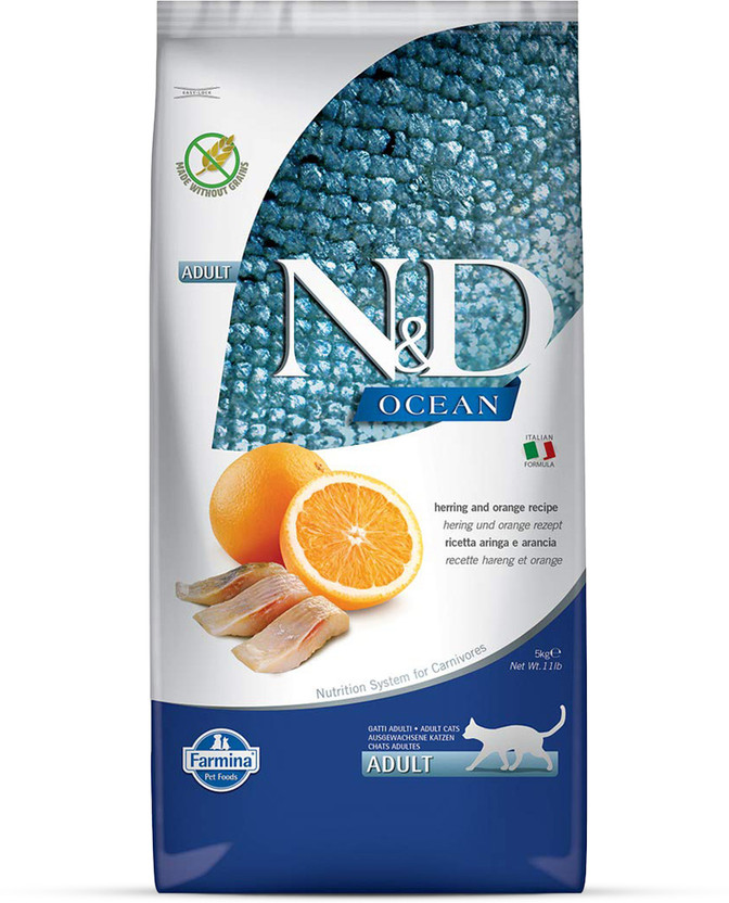 Farmina N&D Grain Free Ocean Herring & Orange Adult Dry Cat Food - 5 kg Fish, Orange Blossom 5 kg Dry Adult Cat Food