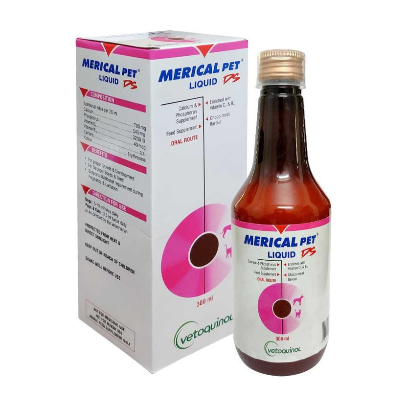 Vetoquinol Merical Pet Tonic - Vitamin, Calcium & Mieral Supplement , Oral calcium and phosphorus supplement with a scientific ratio of 1.29:1 300 ml For Dogs Pet Health Supplements(300 ml)