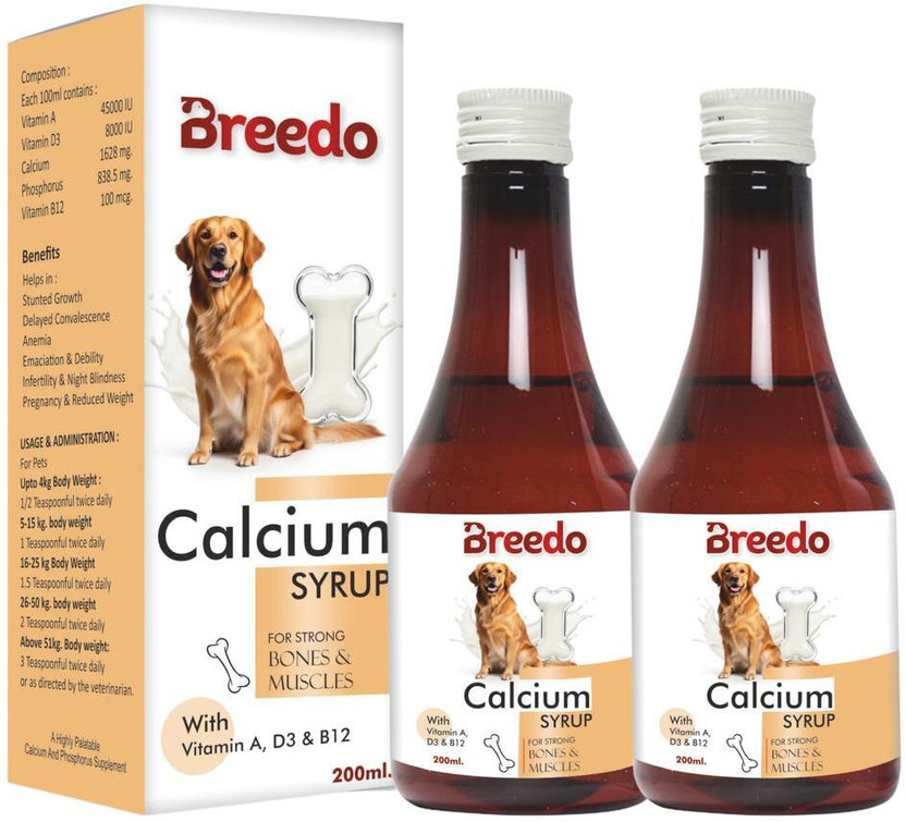 Breedo Dog Calcium Syrup – 200ml (Pack of 2) | For Dogs & Cats | Supports Strong Bones Pet Health Supplements(400 ml)