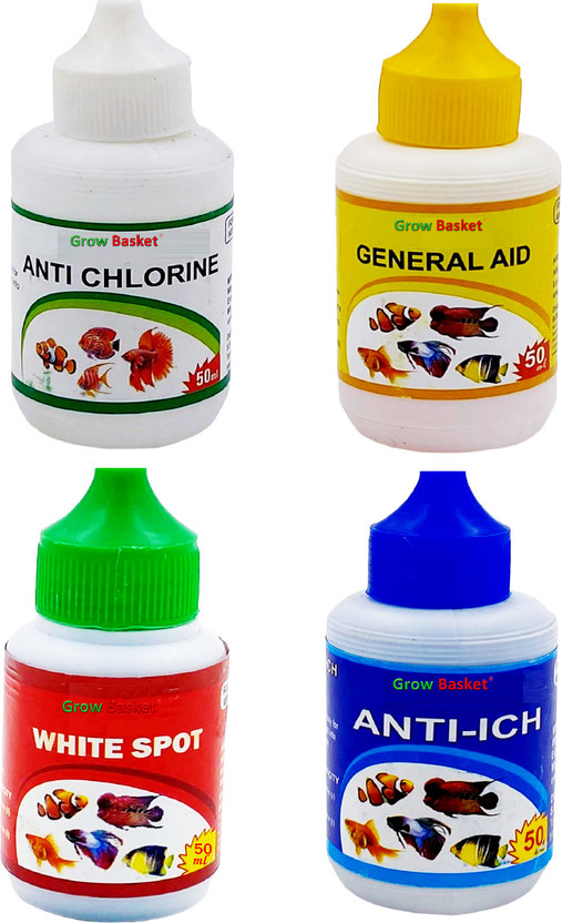 Grow Basket Aquarium 4 in 1 Fish Medicine Anti Ich General Aid Anti Chlorine White Spot Pet Health Supplements(200 ml)