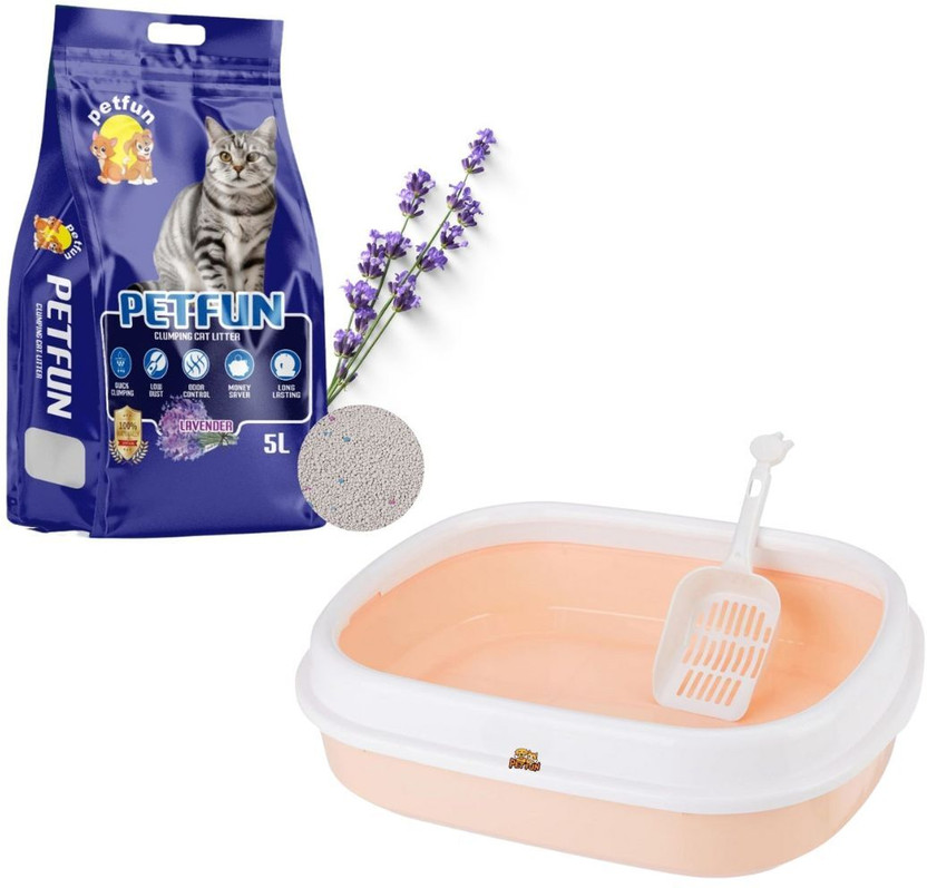 PET FUN Lavender Cat Litter (5L) with Cat Litter Tray | Fast Clumping, Odor Control Pet Litter Tray Refill