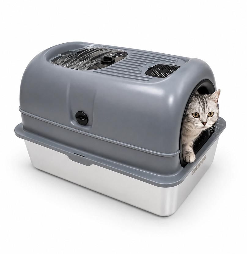 Catmos Stainless Steel Enclosed Cat Litter Box for Cats - Grey - L61XW41XH41cm Pet Litter Tray Refill