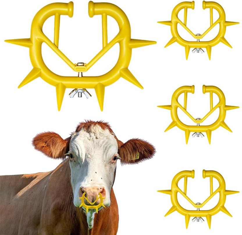 HANNEA 4 Pieces Cattle Weaning Rings Adjustable Plastic Spiky Rings for Durable Use Medium Ring Horse Muzzle(Yellow)