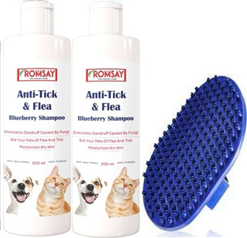 ROMSAY Anti-Tick & Flea Shampoo For Dogs & Cats 200ML Pack Of 2 With Bath Brush Flea and Tick, Allergy Relief, Anti-fungal, Anti-itching, Anti-dandruff, Hypoallergenic Fresh Notes, Blueberry Dog Shampoo(400 ml)