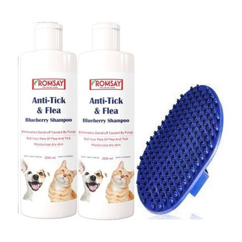 ROMSAY Anti-Tick & Flea Shampoo For Dogs & Cats 200ML Pack Of 2 With Bath Brush Flea and Tick, Allergy Relief, Anti-fungal, Anti-itching, Anti-dandruff, Hypoallergenic Fresh Notes, Blueberry Dog Shampoo(400 ml)