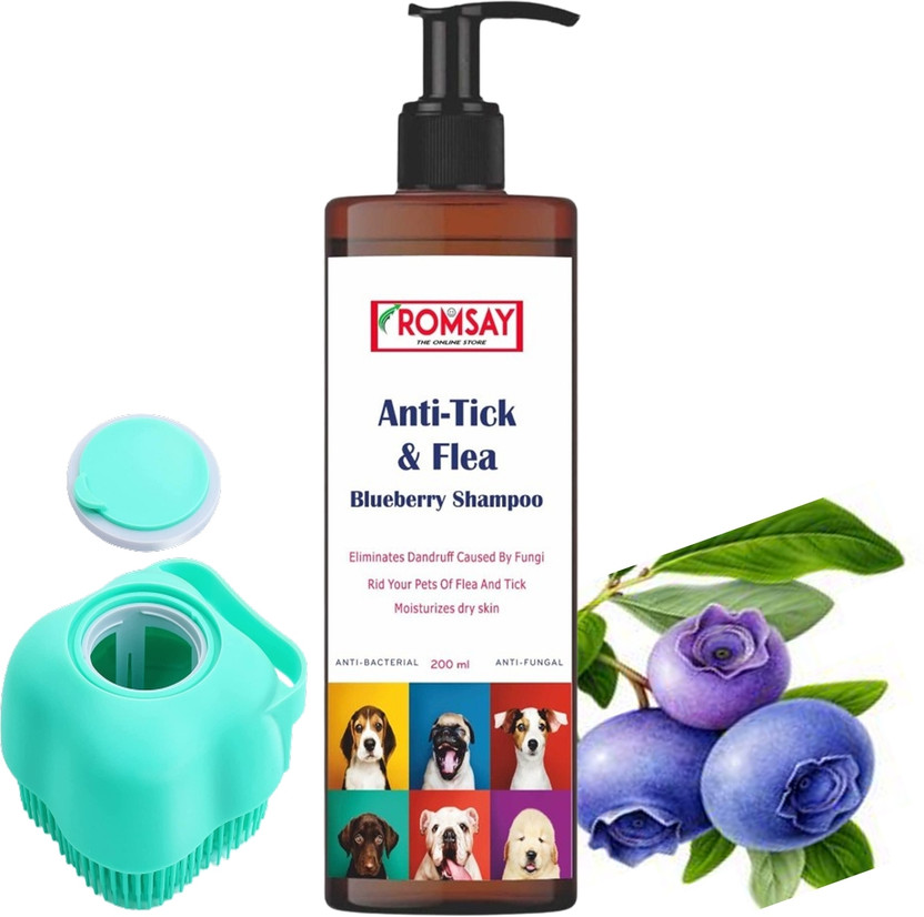 ROMSAY ROMSAY Anti-Tick & Flea Blueberry Shampoo With Pet Bathing & Massaging Brush For Pets Flea and Tick, Allergy Relief, Anti-fungal, Anti-itching, Whitening and Color Enhancing Blueberry Dog Shampoo(200 ml) - Flipkart Deal