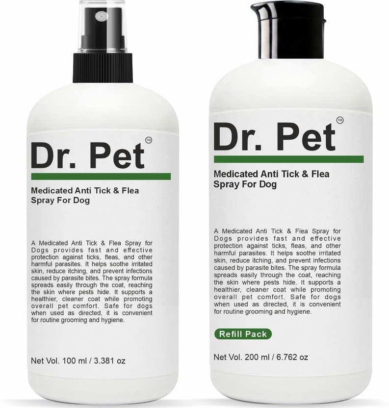 Dr Pet Anti Tick Flea Dog Spray Shampoo Combo 100 ML and 200 ML Refill Pet Care Use Flea and Tick Herbal Natural Dog Shampoo(300 ml)
