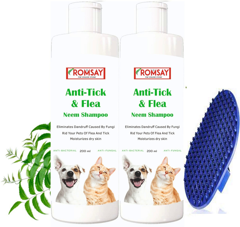 ROMSAY Tick & Flea Control Neem Shampoo For Pets 200ML Pack Of 2 With Bath Brush Allergy Relief, Anti-fungal, Flea and Tick, Anti-parasitic, Anti-microbial, Hypoallergenic Neem Dog Shampoo(400 ml)