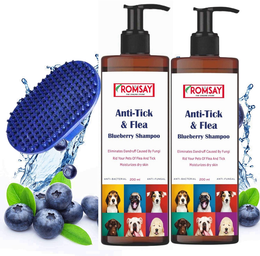 ROMSAY Tick & Flea Control Shampoo For Dog & Cat 200ML Pack Of 2 With Bathing Brush Flea and Tick, Allergy Relief, Anti-fungal, Anti-itching, Anti-microbial, Hypoallergenic Blueberry Dog Shampoo(400 ml)