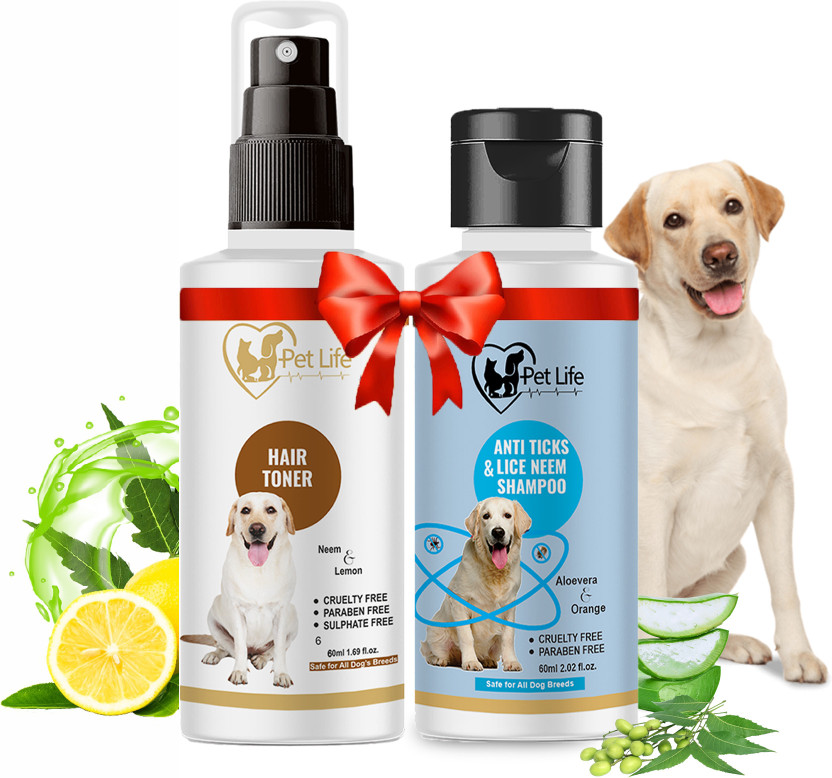 Pet Life Anti Ticks & Lice Neem Dog Shampoo 60ml + Dog Hair Toner Spray 60ml Flea and Tick, Anti-fungal, Anti-itching Fresh Fragrance, Control Hair Fall, All Dog Breed Dog Shampoo(120 ml)
