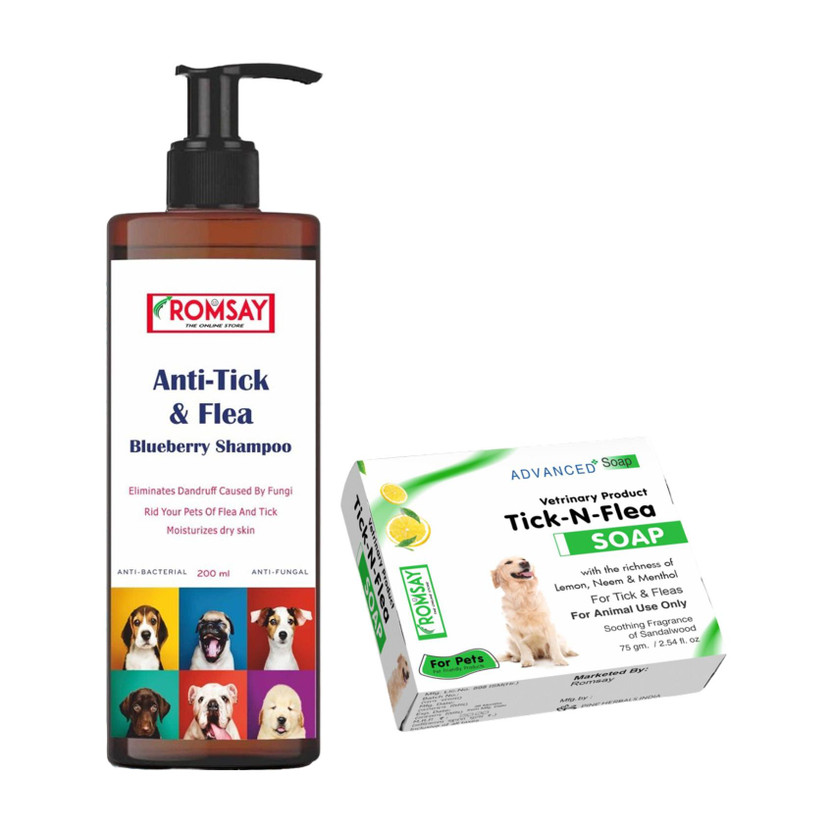 ROMSAY Anti-Tick & Flea Blueberry Shampoo 200ML + Tick & Flea Soap 75GM Flea and Tick, Allergy Relief, Anti-dandruff, Anti-itching, Anti-microbial, Hypoallergenic Neem, Blueberry Dog Shampoo(275 ml)