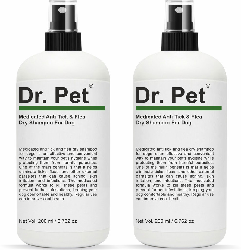 Dr Pet Anti Tick Flea Dog Dry Shampoo Combo 200 ml Spray No Water Pet Grooming Care Flea and Tick Herbal Natural Dog Shampoo(400 ml)