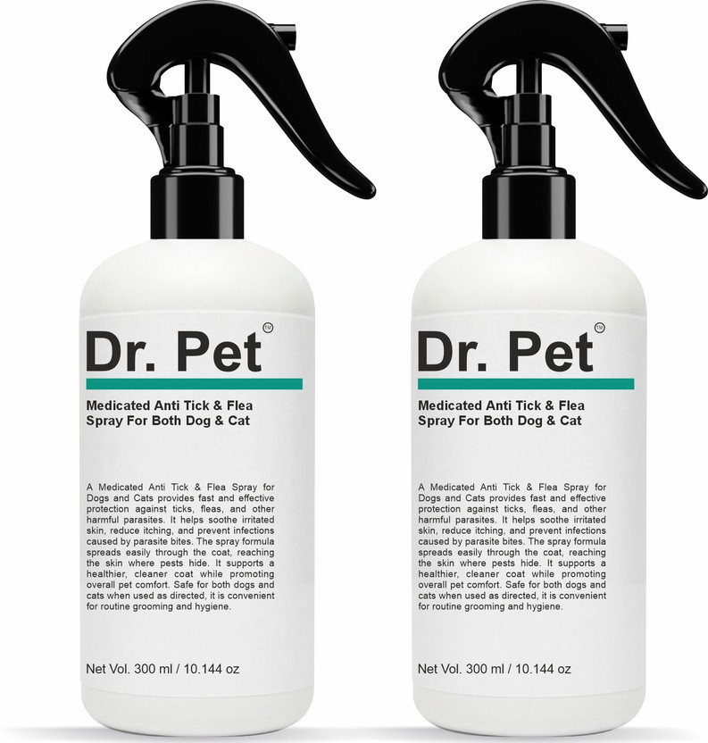 Dr Pet Medicated Anti Tick Flea Pet Spray Shampoo Combo 300ml Odor Control Care Flea and Tick Herbal Natural Dog Shampoo(600 ml)