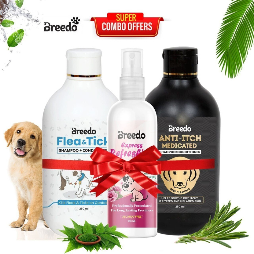 Breedo Dog (Combo of 3) Flea-Tick Shampoo + Anti-Itch Shampoo 500 ml + 100 ml Spray Allergy Relief, Conditioning, Anti-fungal, Anti-microbial, Anti-itching, Anti-dandruff Natural Dog Shampoo(600 ml)