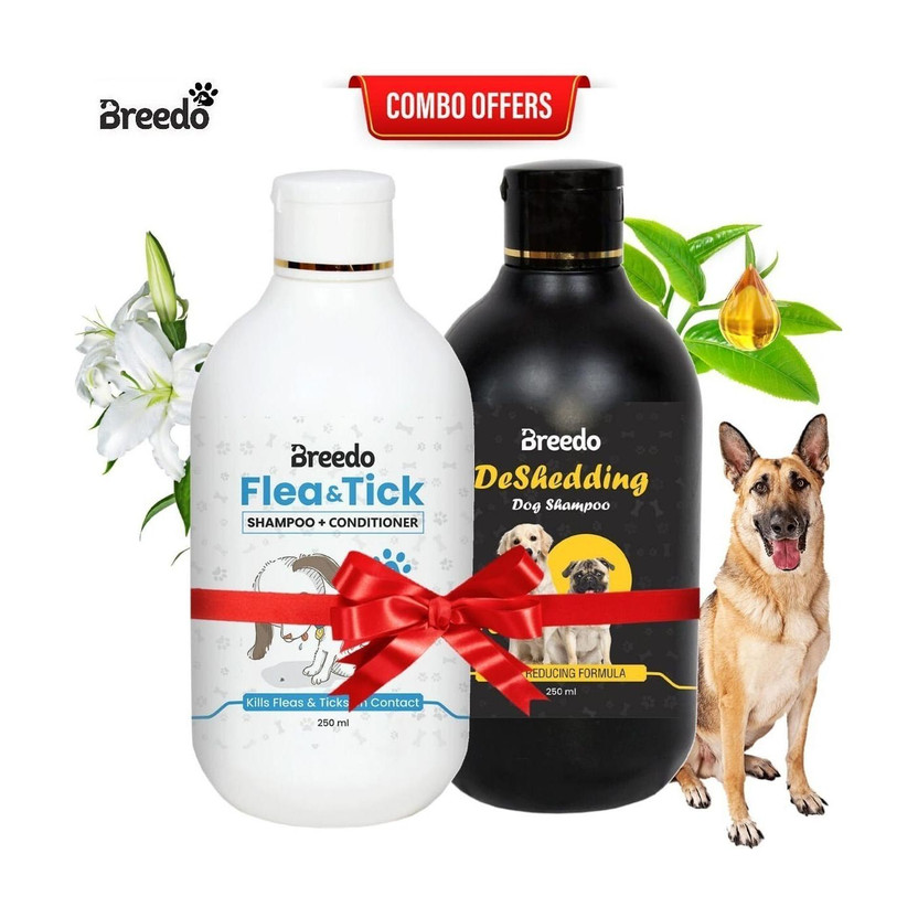 Breedo Dog Need (Combo of 2) Dog Flea-Tick Shampoo + Deshedding Shampoo Allergy Relief, Conditioning, Anti-fungal, Anti-microbial, Anti-itching, Anti-dandruff Natural Dog Shampoo(500 ml)