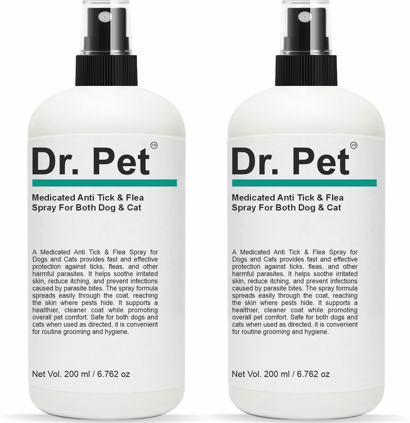 Dr Pet Medicated Anti Tick Flea Pet Spray Shampoo Combo 200ml No Rinse Odor Control Flea and Tick Herbal Natural Dog Shampoo(400 ml)