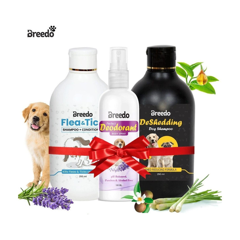 Breedo (Combo of 3) Dog Deshedding Shampoo + Flea-Tick Shampoo + Deodorant Spray Allergy Relief, Conditioning, Anti-fungal, Anti-microbial, Anti-itching, Anti-dandruff Natural Dog Shampoo(600 ml)