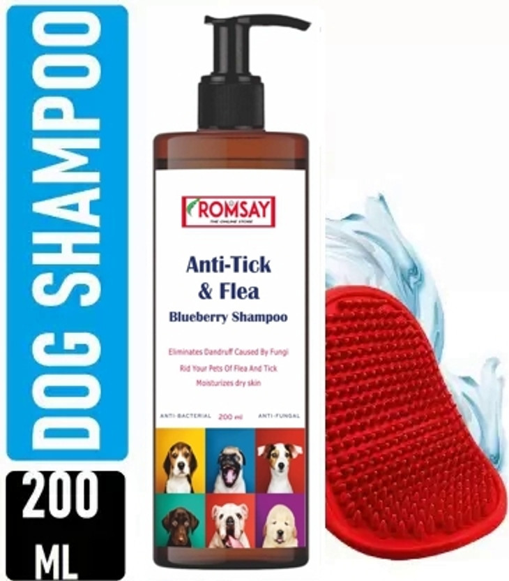 ROMSAY Tick & Flea Control Shampoo With Pet Brush For Pets By Positively Pet Care Conditioning, Anti-dandruff, Allergy Relief, Anti-fungal, Anti-itching, Flea and Tick Blueberry Dog Shampoo(200 ml)