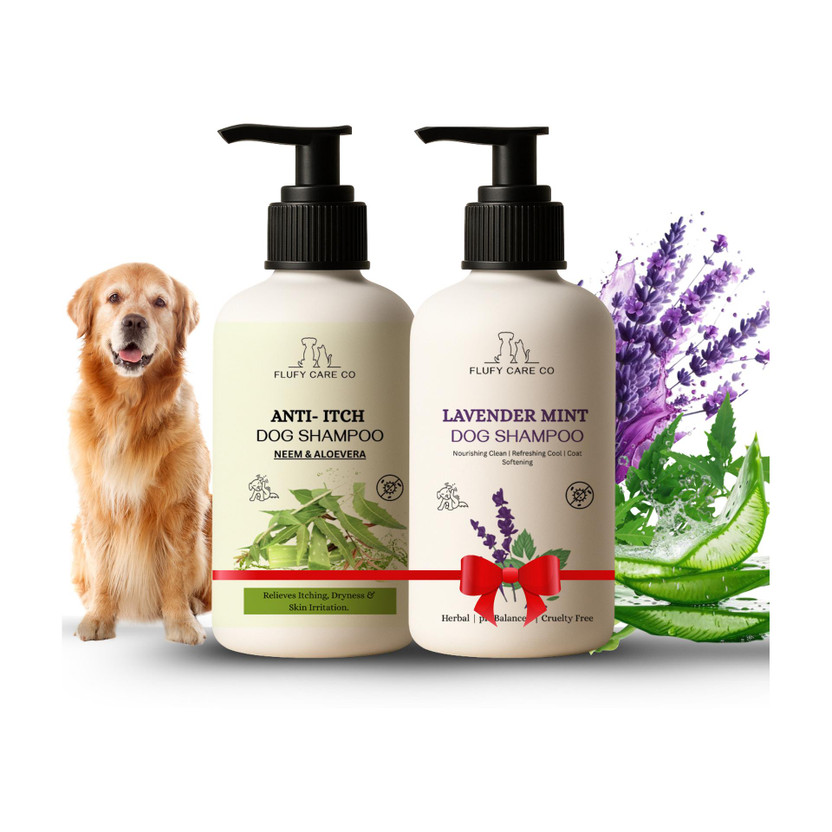 flufy care co Lavender Mint & Anti-Itch Dog Shampoo Combo – 200ml + 200ml Allergy Relief, Anti-dandruff, Anti-fungal, Flea and Tick NEEM, LAVENDER, ALOEVERA Dog Shampoo(400 ml)