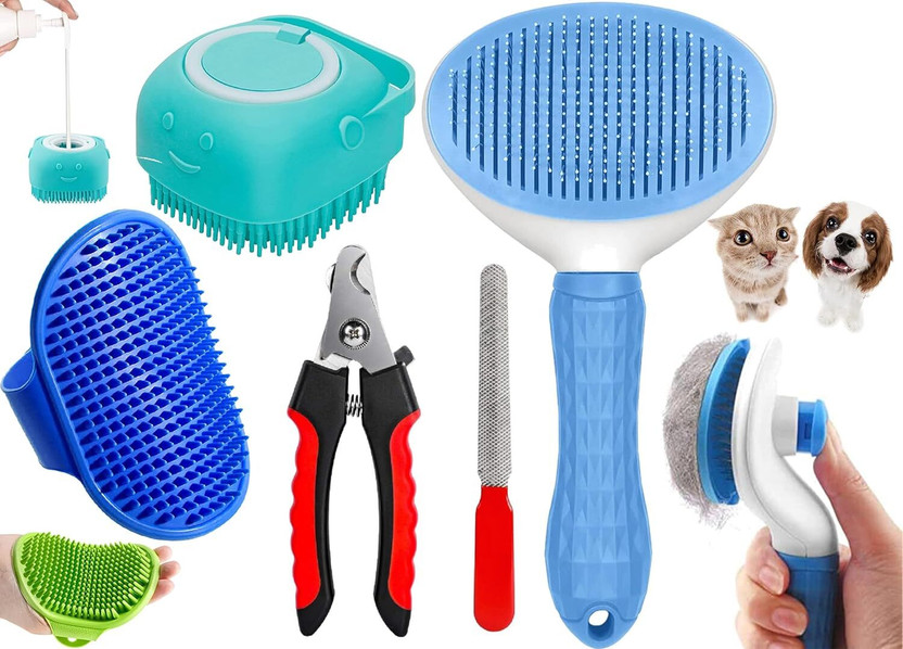 Doggifys 4-in-1 Pet Grooming Kit – Slicker Brush, Nail Clipper, Silicone Bath Brush Set Pet Spa Kit