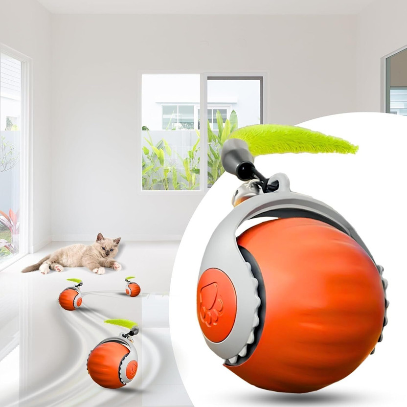 Buraq 360° Auto Rolling Cat Toy Ball | Feather | Dual Speed | Type C | Kitten Cats Rubber Ball For Cat