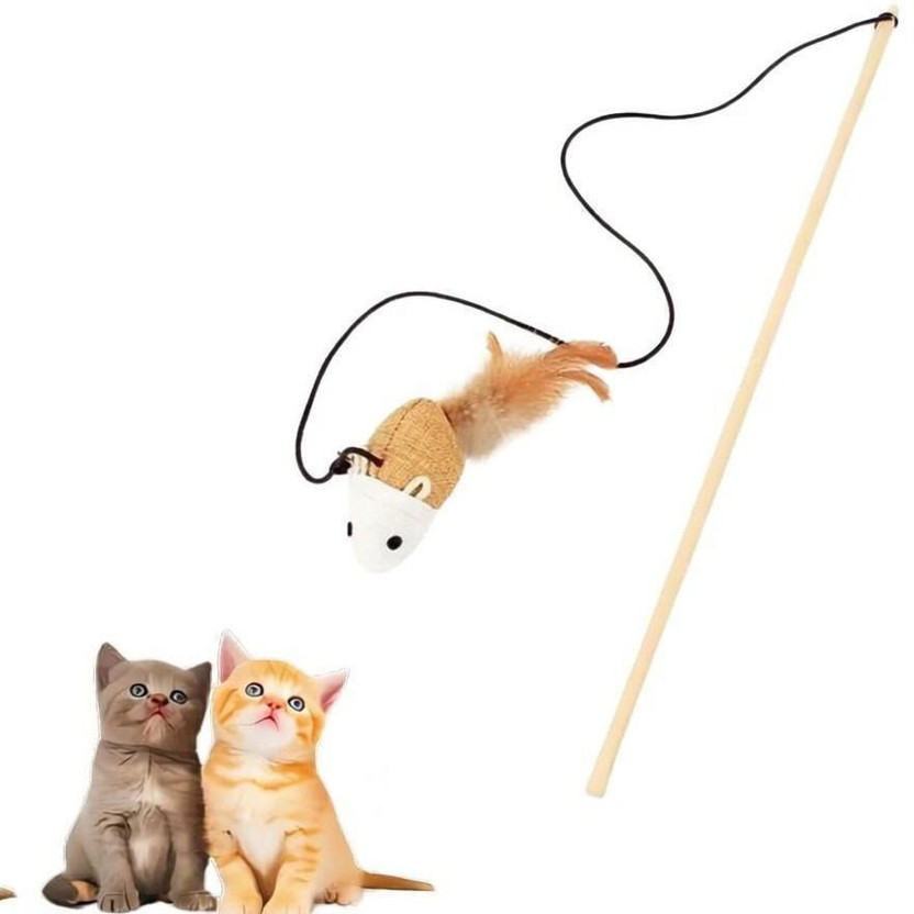 Petsoft Petsoft Interactive Cat Teaser Wooden Wand Toy with Mouse Feather Tail & Bell Wooden Training Aid For Dog & Cat - Flipkart Deal