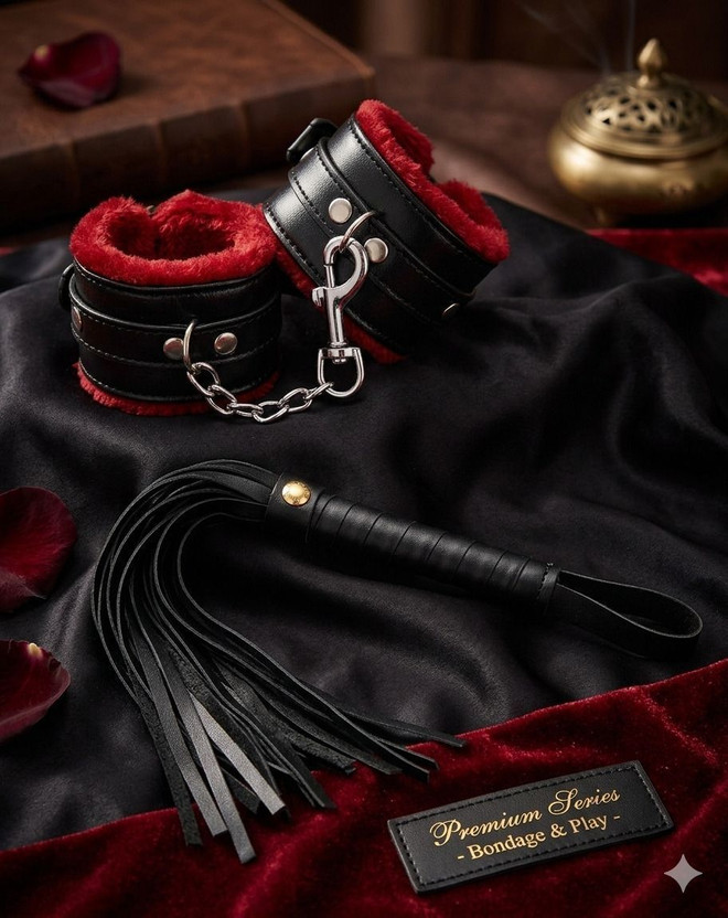 cinrada Handcuff & Flogger Premium Soft Leather Red&Black 2 Pcs combo For Couple Leather Soft Toy For Dog