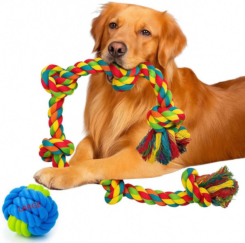 PETZLUV Rope Dog Toy for Large Dogs | 5-Knot Strong Tug Chew Rope for Aggressive Chewers Cotton Ball, Tug Toy, Fetch Toy, Tough Toy, Training Aid, Chew Toy For Dog