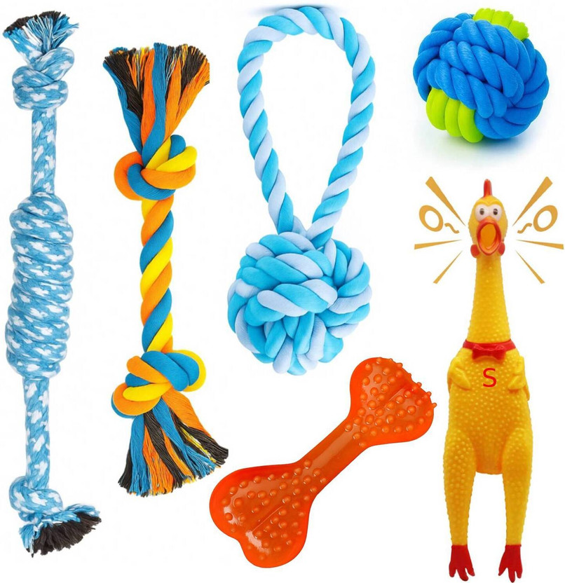 PETZLUV Dog Toy Combo Pack | Rope Toys, Chew Bone & Squeaky Chicken Toy for Medium Dogs Cotton Ball, Bone, Squeaky Toy, Tough Toy, Tug Toy, Training Aid, Chew Toy For Dog