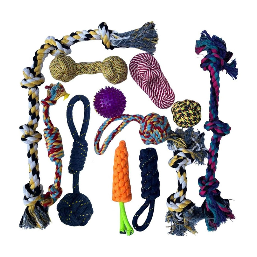 WAGGY TAILS Interactive Chew Toys Set for Small, Medium & Large Dogs 12 in 1 Mega Combo Cotton, Rubber Ball, Chew Toy, Training Aid, Rubber Toy, Squeaky Toy, Tough Toy For Dog