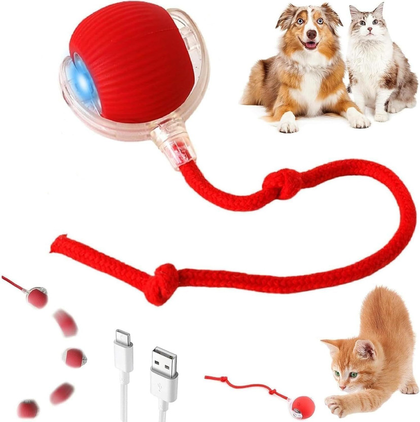 KREZON Interactive Rolling Ball for Dogs with Tail Chase Mate Cat Toy(Red)