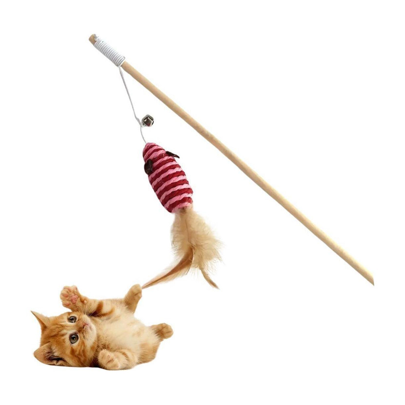 Petsoft Feather Mouse Teaser Wand | Interactive Cat Toy with Bells Wooden Training Aid For Dog & Cat