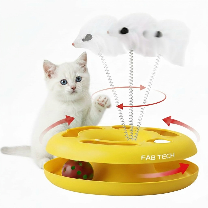 FAB TECH Cat Toy Circle with Ball & Feather Mouse – Fun Play for Cats & Kittens Plastic Training Aid For Cat