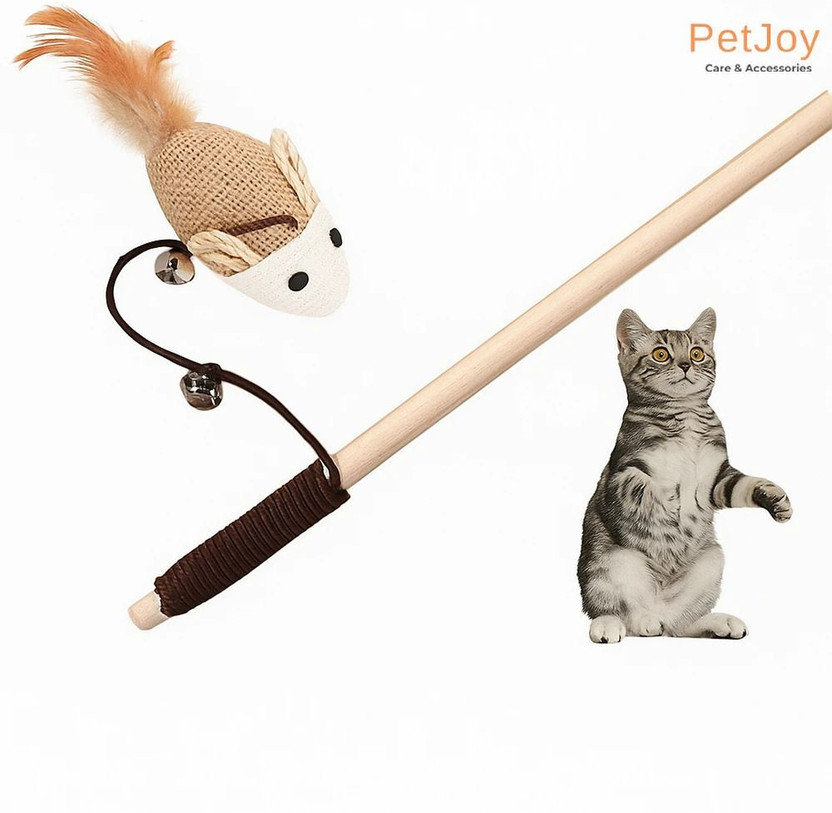 PetJoy Cat Toy Teaser Playing Stick with Mouse And Bell, Interactive Feather Wand Toy Wooden Stick For Cat