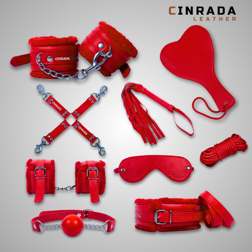 cinrada Handcuff Role Play kit Premium Quality Red 9 Pcs Set for Couples Leather Soft Toy For Dog