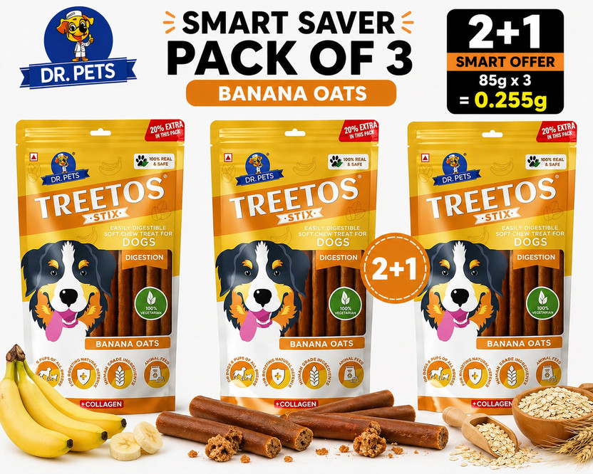 Dr. Dr. Pets Treetos Banana Oats Chicken Sticks Soft Chews Dog Treats for Dogs & Puppy Oats Dog Treat(255 g, Pack of 3) - Flipkart Deal