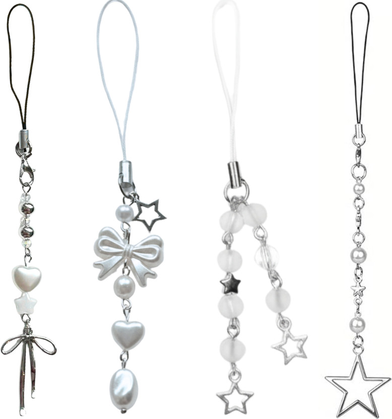 SNOWY SHOP 4pcs Aesthetic Silver Bow – Mobile Chain Stylish Accessory for Girls Phone Charm(White)