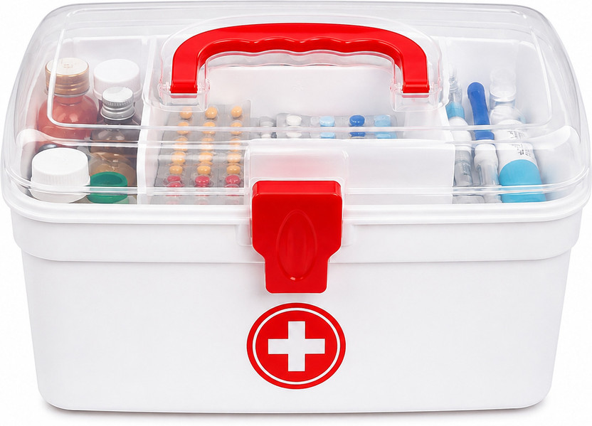 RUDRAI Plastic First Aid Box with Transparent Lid & Removable Storage Compartments Pill Box(White , Red)