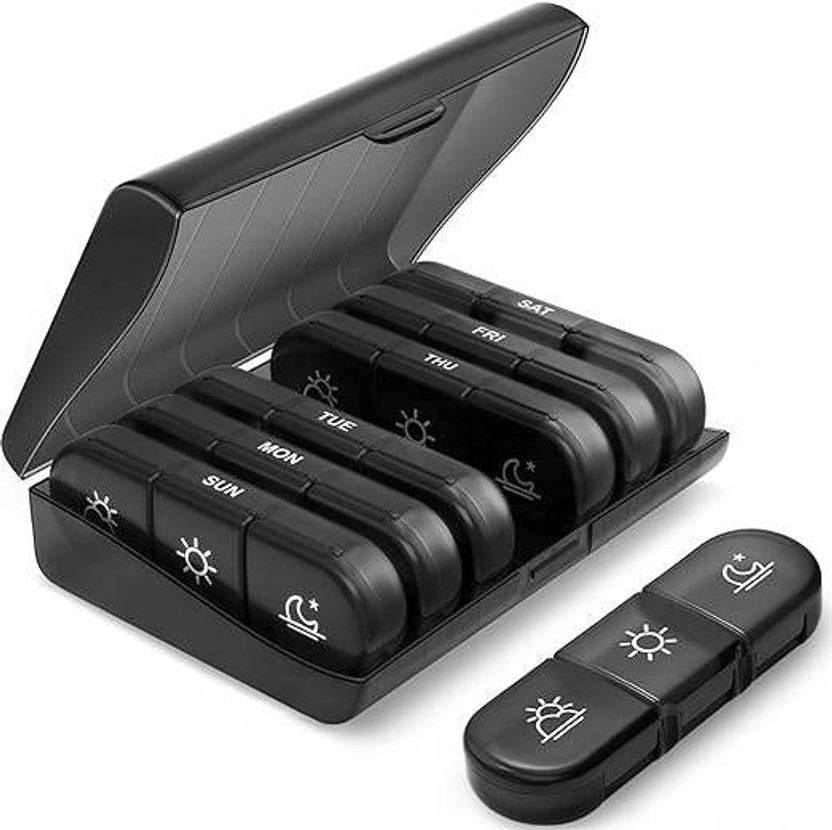 Rinpoche Weekly Pill Organizer 3 Times a Day 7 Day Pill Box Case Large Compartments Morning Noon Evening Pill Case Pill Box(Black)